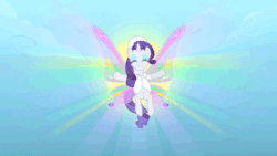 Size: 640x360 | Tagged: safe, screencap, rarity, pony, unicorn, sonic rainboom (episode), animated, clothes, eyes closed, flapping, floating, glimmer wings, hard hat, lab coat, loop, solo, wings