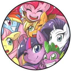 Size: 600x600 | Tagged: safe, artist:jinzhan, derpibooru import, applejack, fluttershy, pinkie pie, rainbow dash, rarity, spike, twilight sparkle, dragon, earth pony, pegasus, pony, unicorn, badge, blushing, button, happy, looking at you, mane seven, mane six, smiling