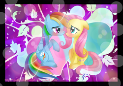 Size: 1024x722 | Tagged: dead source, safe, artist:vixelzf, fluttershy, rainbow dash, pegasus, pony, eye contact, female, flutterdash, lesbian, shipping, wallpaper