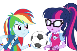 Size: 6000x4000 | Tagged: safe, artist:spottedlions, derpibooru import, rainbow dash, sci-twi, twilight sparkle, equestria girls, absurd resolution, bowtie, bracelet, clothes, commission, duo, football, glasses, jewelry, ponytail, simple background, skirt, smiling, white background, wristband