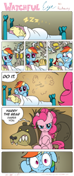 Size: 4295x10209 | Tagged: safe, artist:redapropos, derpibooru import, discord, fluttershy, harry, pinkie pie, rainbow dash, bear, earth pony, pegasus, pony, absurd resolution, airhorn, bed, comic, prank, scared, sleeping, sweat, sweating profusely, zzz