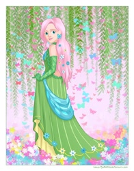 Size: 784x1000 | Tagged: safe, artist:jadiekins, fluttershy, clothes, dress, evening gloves, gala dress, humanized, solo