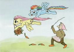 Size: 800x561 | Tagged: safe, artist:el-yeguero, fluttershy, rainbow dash, human, carrot, chase, flying, stealing