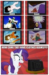 Size: 1050x1620 | Tagged: safe, artist:irie-mangastudios, rarity, pony, unicorn, clothes beam, crossover, dragon ball, exploitable meme, fashion beam, gohan, he-man, hilarious in hindsight, meme, parody, piccolo (dbz), skeletor, tv meme