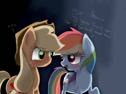 Size: 1024x768 | Tagged: safe, artist:misspolycysticovary, derpibooru import, applejack, rainbow dash, earth pony, pegasus, pony, castle mane-ia, :c, appledash, blushing, female, grammar error, lesbian, scene interpretation, shipping, text