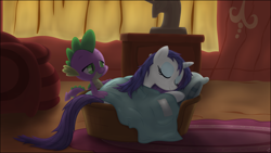 Size: 3840x2160 | Tagged: safe, artist:stinkehund, rarity, spike, dragon, pony, unicorn, basket, female, high res, interspecies, library, male, not creepy, shipping, sleeping, sparity, straight