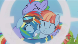 Size: 1366x768 | Tagged: safe, derpibooru import, screencap, bow hothoof, rainbow dash, windy whistles, pegasus, pony, parental glideance, clothes, hug, rainbow dash's parents, uniform, windyhoof, wonderbolts uniform