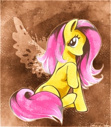 Size: 800x909 | Tagged: safe, artist:catussnake, fluttershy, pegasus, pony, female, mare, sitting, solo, wingless