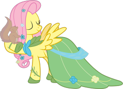 Size: 5000x3601 | Tagged: safe, artist:joey, fluttershy, pegasus, pony, squirrel, the best night ever, clothes, dress, eyes closed, female, gala dress, mare, simple background, solo, transparent background, vector
