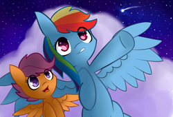 Size: 1280x870 | Tagged: safe, artist:ibacchstudios, rainbow dash, scootaloo, pegasus, pony, night, stars