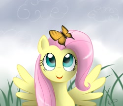 Size: 1500x1300 | Tagged: safe, artist:wdeleon, fluttershy, butterfly, pegasus, pony, grass, looking up, solo, spread wings, wings