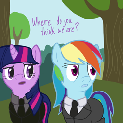 Size: 500x500 | Tagged: artist needed, safe, rainbow dash, twilight sparkle, pegasus, pony, unicorn, fanfic:bittersweet, clothes, dialogue, female, image macro, mare, meme, necktie, open mouth, reaction image, scrubs, suit, where do you think we are