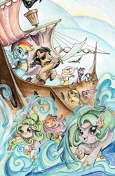 Size: 655x1000 | Tagged: safe, artist:sararichard, derpibooru import, idw, applejack, fluttershy, pinkie pie, rainbow dash, rarity, twilight sparkle, earth pony, merpony, pegasus, pony, sea pony, unicorn, bicorne, captain hoofbeard, cover, hat, painting, pirate, ship, water