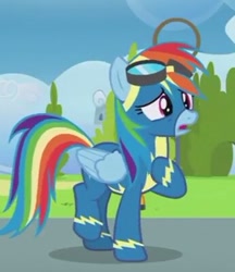 Size: 346x401 | Tagged: safe, derpibooru import, screencap, rainbow dash, pegasus, pony, parental glideance, clothes, cropped, goggles, solo, uniform, wings, wonderbolts uniform