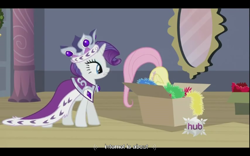 Size: 640x400 | Tagged: safe, screencap, fluttershy, princess platinum, rarity, pegasus, pony, unicorn, hearth's warming eve (episode), hearth's warming eve, hub logo, internet, youtube caption