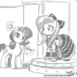 Size: 1280x1280 | Tagged: safe, artist:johnjoseco, fluttershy, rarity, pegasus, pony, unicorn, clothes, dress, gothic lolita, grayscale, lolita fashion, monochrome