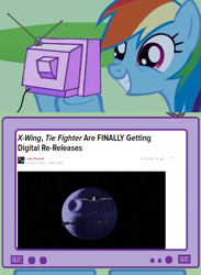 Size: 563x771 | Tagged: safe, rainbow dash, pegasus, pony, excited, exploitable meme, kotaku, lucasarts, meme, obligatory pony, star wars, tie fighter, tv meme, x-wing