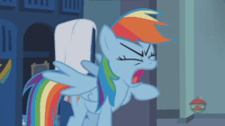 Size: 902x505 | Tagged: safe, derpibooru import, edit, edited screencap, screencap, rainbow dash, pegasus, pony, parental glideance, angry, animated, female, gif, locker room, mare, middle feather, middle finger, solo, vulgar, wing hands
