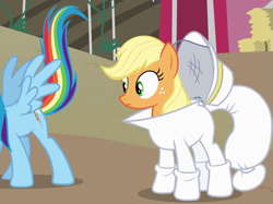 Size: 885x663 | Tagged: safe, derpibooru import, screencap, applejack, rainbow dash, earth pony, pegasus, pony, castle mane-ia, beekeeper, eyes on the prize, out of context