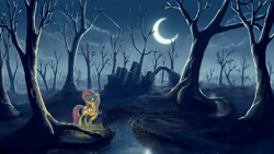 Size: 4320x2430 | Tagged: dead source, safe, artist:azenge, fluttershy, pegasus, pony, crescent moon, fog, forest, lantern, mist, moon, moonlight, scenery, solo