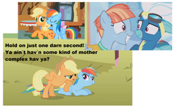 Size: 1742x1076 | Tagged: safe, derpibooru import, applejack, fleetfoot, rainbow dash, windy whistles, earth pony, pegasus, pony, parental glideance, applejack the anti-shipper, dialogue, implied appledash, implied lesbian, implied shipping, shipping, shipping denied