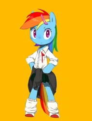 Size: 473x618 | Tagged: dead source, safe, artist:30clock, rainbow dash, pegasus, pony, semi-anthro, bipedal, clothes, female, hairclip, jacket, mare, shirt, simple background, skirt, socks, solo, standing, wingless