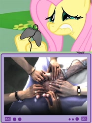 Size: 564x753 | Tagged: safe, fluttershy, pegasus, pony, bioshock, controller, exploitable meme, female, gamershy, hoof hold, lip bite, mare, meme, pink mane, teary eyes, teeth, tv meme, yellow coat