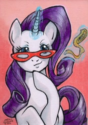 Size: 424x600 | Tagged: safe, artist:aokibengal, rarity, pony, unicorn, glasses, measuring tape, rarity's glasses, solo, traditional art