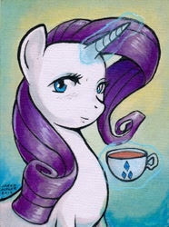 Size: 446x600 | Tagged: safe, artist:aokibengal, rarity, pony, unicorn, cup, looking at you, magic, raritea, smiling, solo, tea, telekinesis, traditional art