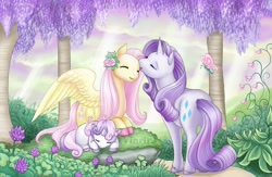 Size: 800x520 | Tagged: safe, artist:yiuokami, fluttershy, rarity, sweetie belle, butterfly, pegasus, pony, unicorn, description in comments, eyes closed, female, filly, flower, flower in hair, foal, friendship, garden, lying down, mare, prone, sleeping, smiling, tree, trio, wisteria