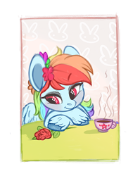 Size: 594x745 | Tagged: safe, artist:kapusha-blr, rainbow dash, pegasus, pony, cute, dashabetes, flower, flower in hair, solo, tea, unshorn fetlocks, wingding eyes