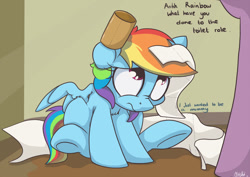 Size: 900x636 | Tagged: dead source, safe, artist:mistydash, rainbow dash, pegasus, pony, behaving like a cat, chest fluff, cute, dashabetes, dialogue, female, filly, grammar error, looking up, mummy, nose wrinkle, sitting, toilet paper, underhoof