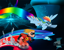 Size: 1000x778 | Tagged: safe, artist:jamescorck, rainbow dash, pegasus, pony, crossover, dash parr, goggles, namesake, pun, race, running, the incredibles, tron