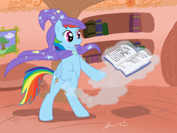 Size: 880x664 | Tagged: artist needed, source needed, safe, rainbow dash, pegasus, pony, accessory swap, book, magic, solo, the great and powerful, trixie's cape, trixie's hat