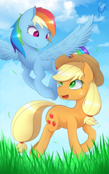 Size: 1200x1920 | Tagged: safe, artist:laptop-pone, derpibooru import, applejack, rainbow dash, earth pony, pegasus, pony, cloud, colored pupils, flying, grass, looking down, looking up, raised hoof, running, signature