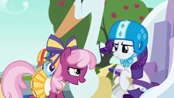 Size: 1280x720 | Tagged: safe, derpibooru import, screencap, cheerilee, rainbow dash, rarity, pegasus, pony, unicorn, the cart before the ponies, cheerileeder, cheerleader, helmet