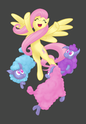 Size: 418x600 | Tagged: safe, artist:theinkbot, fluttershy, pegasus, pony, sheep, spoiler:s03, crystal empire, ewe, eyes closed, female, gray background, mare, open mouth, simple background, spread wings, tiny ewes, wings