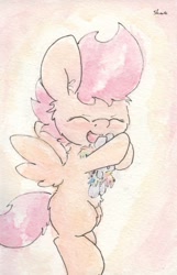 Size: 665x1030 | Tagged: safe, artist:slightlyshade, rainbow dash, scootaloo, pegasus, pony, eyes closed, female, filly, lesbian, open mouth, plushie, scootadash, shipping, solo, traditional art