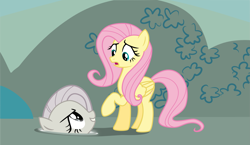 Size: 4409x2560 | Tagged: safe, artist:dash-o-salt, derpibooru import, fluttershy, pegasus, pony, the return of harmony, confused, discorded, discorded fluttershy, evil grin, female, flutterbitch, grin, hill, mare, pink mane, portal, raised hoof, raised leg, self ponidox, smiling, yellow coat