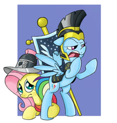 Size: 428x452 | Tagged: safe, artist:nikkuwalkanov, commander hurricane, fluttershy, private pansy, rainbow dash, pegasus, pony, armor, clothes, costume, duo, flag, helmet