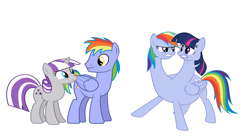 Size: 7449x4153 | Tagged: safe, alternate version, artist:theunknowenone1, derpibooru import, rainbow blaze, rainbow dash, twilight sparkle, twilight velvet, pony, absurd resolution, alternate timeline, alternate universe, conjoined, family photo, fusion, multiple heads, race swap, siblings, simple background, sisters, twins, two heads, wat, we have become one, white background