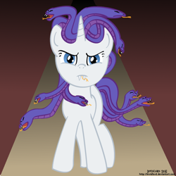 Size: 1000x1000 | Tagged: safe, artist:invidlord, rarity, gorgon, medusa, pony, unicorn, female, horn, mare, solo