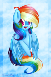 Size: 1024x1544 | Tagged: safe, artist:youkimay, rainbow dash, pegasus, pony, blue coat, female, mare, multicolored mane, smiling, solo