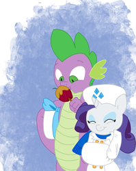 Size: 1191x1495 | Tagged: safe, artist:carnifex, artist:uguardian, rarity, spike, dragon, pony, unicorn, apple, caramel apple (food), female, hat, interspecies, male, muff, older, shipping, sparity, straight