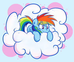 Size: 666x566 | Tagged: safe, artist:graphene, rainbow dash, pegasus, pony, cloud, cute, dashabetes, eye clipping through hair, filly, filly rainbow dash, on a cloud, prone, solo, younger