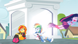 Size: 1366x768 | Tagged: safe, screencap, rainbow dash, sunset shimmer, twilight sparkle, twilight sparkle (alicorn), alicorn, equestria girls, rainbow rocks, book, exploitable meme, flying, football, frightened, gasp, journey book, looking at each other, meme, scared, twiscream