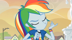 Size: 1366x768 | Tagged: safe, screencap, rainbow dash, equestria girls, rainbow rocks, air guitar, duckface, eyes closed, solo, statue, u3u