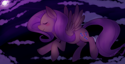 Size: 1586x813 | Tagged: safe, artist:casocat, fluttershy, pegasus, pony, cloud, eyes closed, female, flying, full moon, mare, moon, night, profile, smiling, solo, spread wings, wings