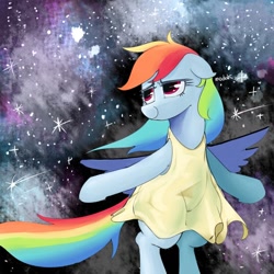 Size: 850x850 | Tagged: safe, derpibooru import, rainbow dash, pegasus, pony, clothes, dress, milky way galaxy, solo, space