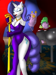 Size: 2440x3273 | Tagged: safe, artist:collinscorpio, rarity, spike, anthro, breasts, cleavage, high res